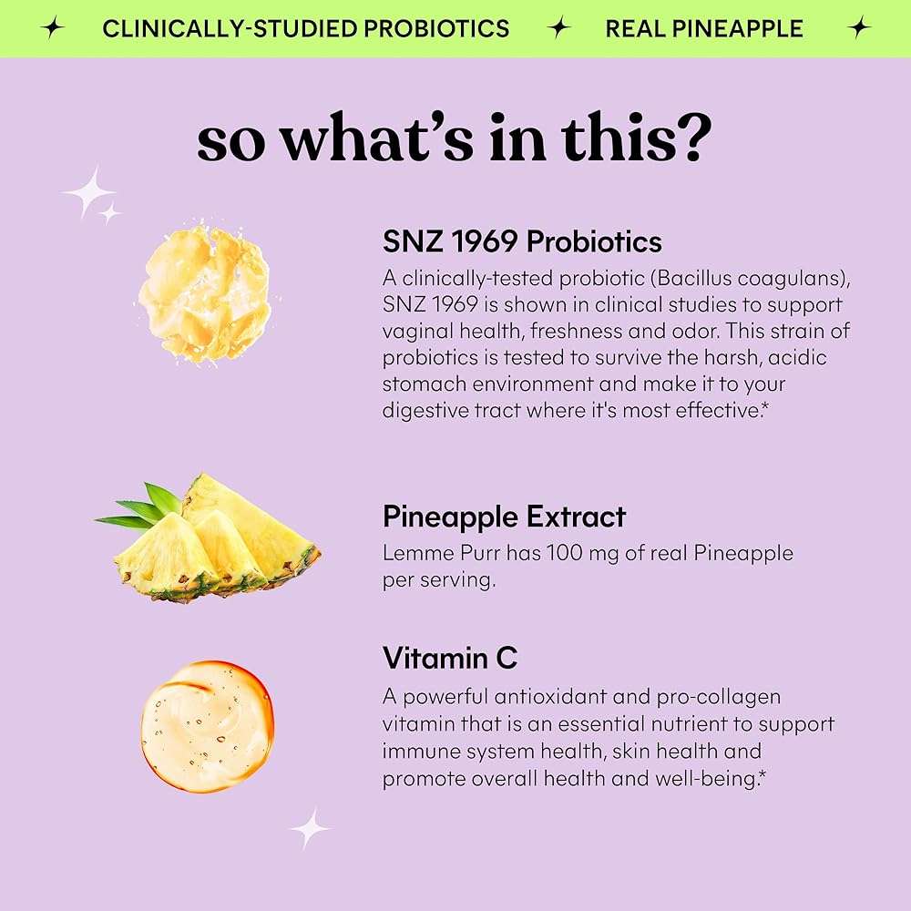 Lemme Purr Vaginal Probiotic Gummies for Women - Balanced pH, Healthy Odor, Yeast Balance & Flora Support + Vitamin C for Immune Health - Tasty Pineapple (60 Count) - Image 3