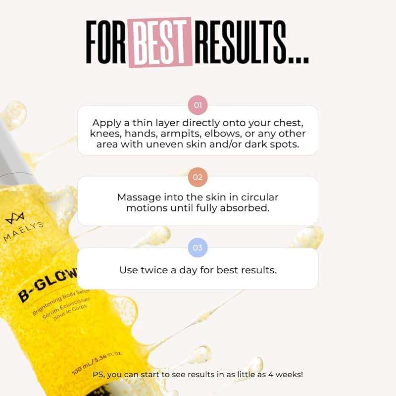 MAËLYS B-GLOWY Brightening Body Serum for Dark Spots - Supports Even Looking Skin - Peptide Formula with Niacinamide & Meadowfoam Oil (3.4 Fl Oz) - Image 5