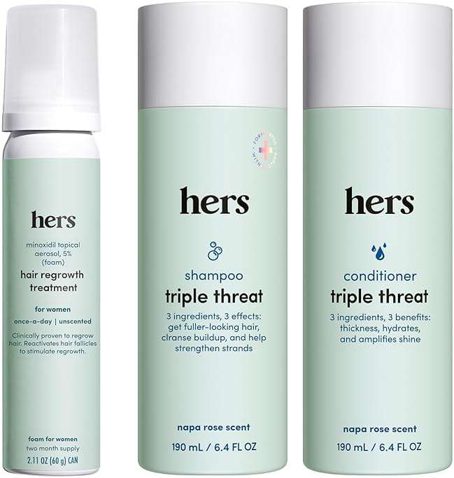 hers Triple Threat Shampoo, Conditioner, & Minoxidil Set - Includes 5% Minoxidil Foam Solution - Hair Thickening & Strengthening Formula - Paraben-Free, Vegan, Color-Safe - 3 Count - Image 1
