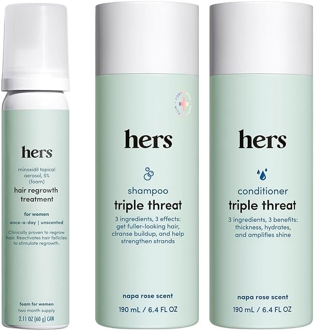hers Triple Threat Shampoo, Conditioner, & Minoxidil Set - Includes 5% Minoxidil Foam Solution - Hair Thickening & Strengthening Formula - Paraben-Free, Vegan, Color-Safe - 3 Count - Product Image