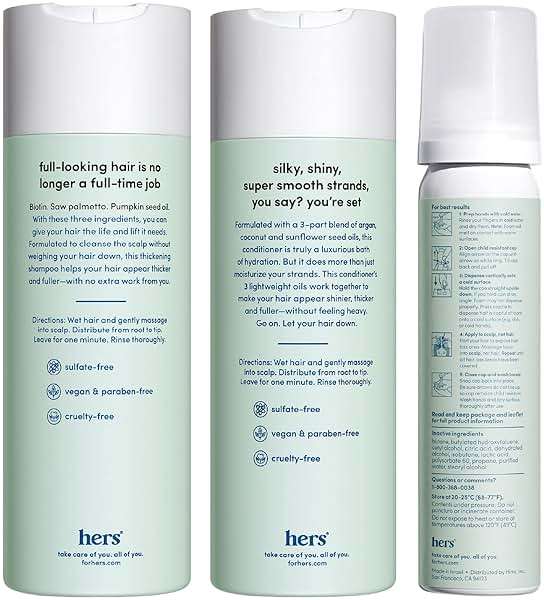 hers Triple Threat Shampoo, Conditioner, & Minoxidil Set - Includes 5% Minoxidil Foam Solution - Hair Thickening & Strengthening Formula - Paraben-Free, Vegan, Color-Safe - 3 Count - Image 2