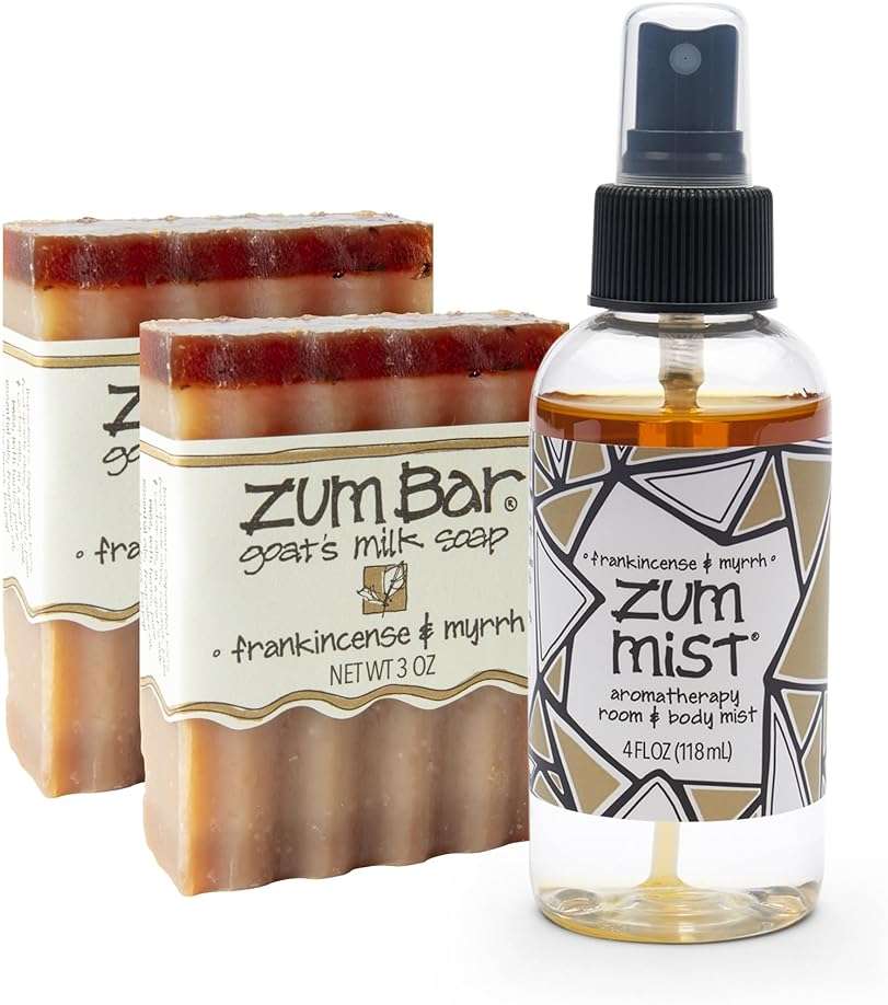 Indigo Wild Zum Bundle - Zum Bar Goat's Milk Soaps & Zum Mist - Soap Bars & Room & Body Spray - Perfect for Self-Care - Frankincense & Myrrh Scent - 2 Soap Bars (3 oz) & 1 Zum Mist (4 fl oz) - Image 1