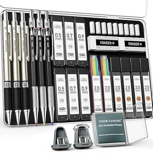 Four Candies 25PCS Mechanical Pencil Set with Case, Art Supplies with Metal Pencil 0.5, 0.7, 0.9 mm & 3PCS 2mm (HB 2H 2B 4B Color) & 432 Graphite Lead Refills, Technical Drawing Kit for Teen & Adults - Image 1