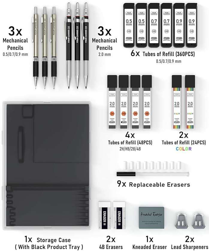 Four Candies 25PCS Mechanical Pencil Set with Case, Art Supplies with Metal Pencil 0.5, 0.7, 0.9 mm & 3PCS 2mm (HB 2H 2B 4B Color) & 432 Graphite Lead Refills, Technical Drawing Kit for Teen & Adults - Image 5