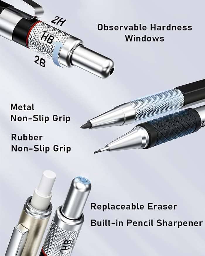 Four Candies 25PCS Mechanical Pencil Set with Case, Art Supplies with Metal Pencil 0.5, 0.7, 0.9 mm & 3PCS 2mm (HB 2H 2B 4B Color) & 432 Graphite Lead Refills, Technical Drawing Kit for Teen & Adults - Image 7