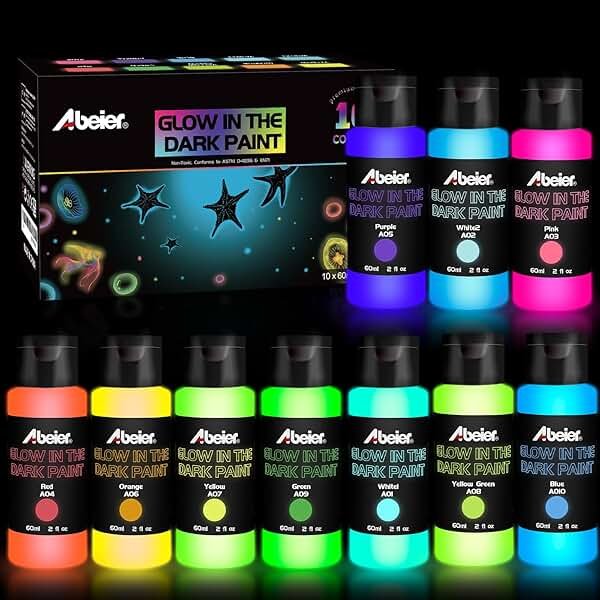 ABEIER Glow in the Dark Acrylic Paint - 10 Bright Colors (60ml/2oz) Long Lasting Glow Fluorescent Paint for DIY Projects, Halloween, Easter, Christmas Decorations - Product Image