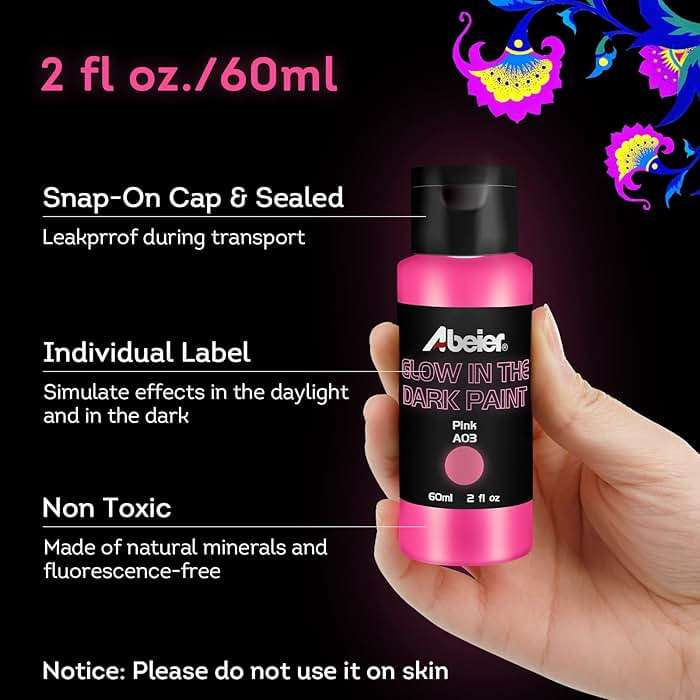 ABEIER Glow in the Dark Acrylic Paint - 10 Bright Colors (60ml/2oz) Long Lasting Glow Fluorescent Paint for DIY Projects, Halloween, Easter, Christmas Decorations - Image 4