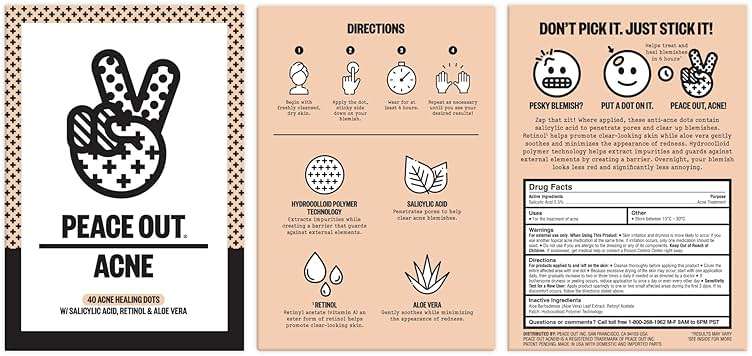 PEACE OUT Acne Healing Dots Hydrocolloid Pimple Patches, Acne Spot Treatment with Salicylic Acid, Retinol, and Aloe Vera for Blemishes and Breakouts (40 count) - Image 2