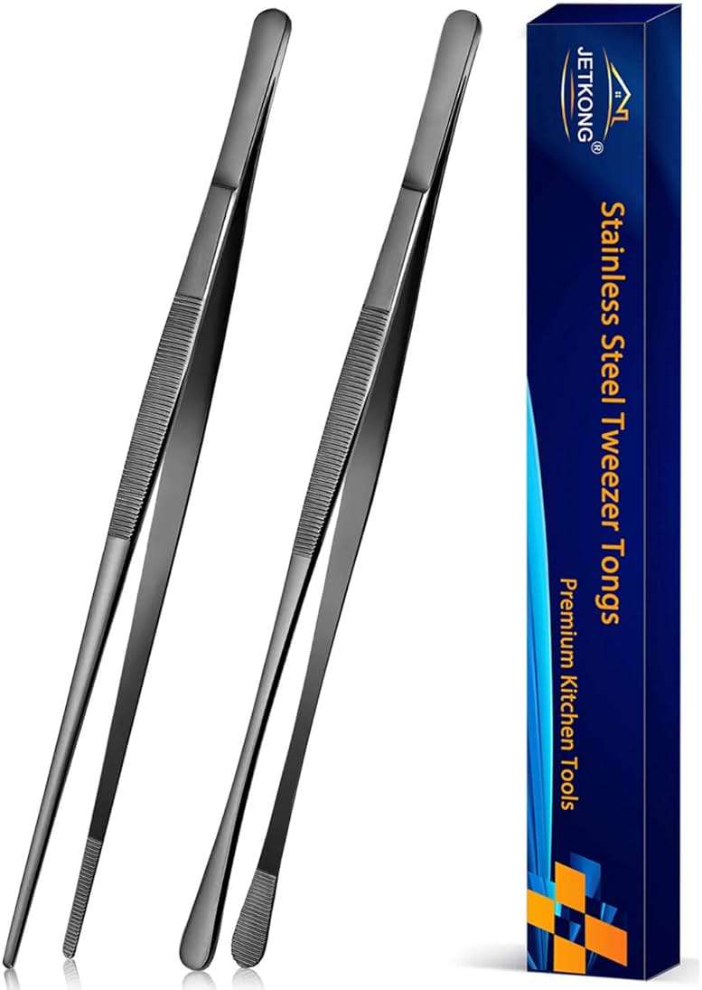 JETKONG 2 Pcs 12-Inch Kitchen Tweezers Tongs with Precision Serrated Tips, Stainless Steel Chef Tweezer Professional Cooking Tweezers for BBQ, Plating and Serving (12-Inch, Black) - Image 1
