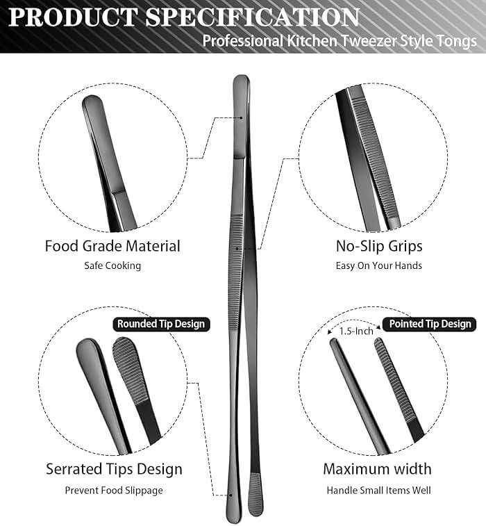 JETKONG 2 Pcs 12-Inch Kitchen Tweezers Tongs with Precision Serrated Tips, Stainless Steel Chef Tweezer Professional Cooking Tweezers for BBQ, Plating and Serving (12-Inch, Black) - Image 2