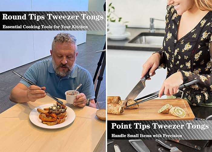 JETKONG 2 Pcs 12-Inch Kitchen Tweezers Tongs with Precision Serrated Tips, Stainless Steel Chef Tweezer Professional Cooking Tweezers for BBQ, Plating and Serving (12-Inch, Black) - Image 4