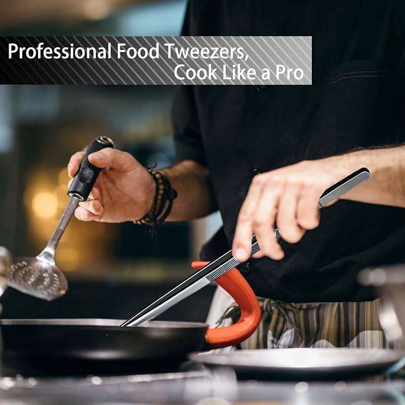 JETKONG 2 Pcs 12-Inch Kitchen Tweezers Tongs with Precision Serrated Tips, Stainless Steel Chef Tweezer Professional Cooking Tweezers for BBQ, Plating and Serving (12-Inch, Black) - Image 6