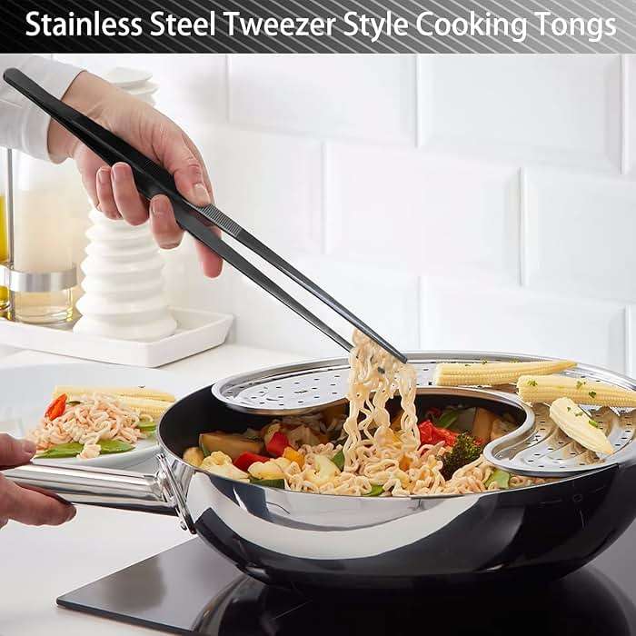 JETKONG 2 Pcs 12-Inch Kitchen Tweezers Tongs with Precision Serrated Tips, Stainless Steel Chef Tweezer Professional Cooking Tweezers for BBQ, Plating and Serving (12-Inch, Black) - Image 7