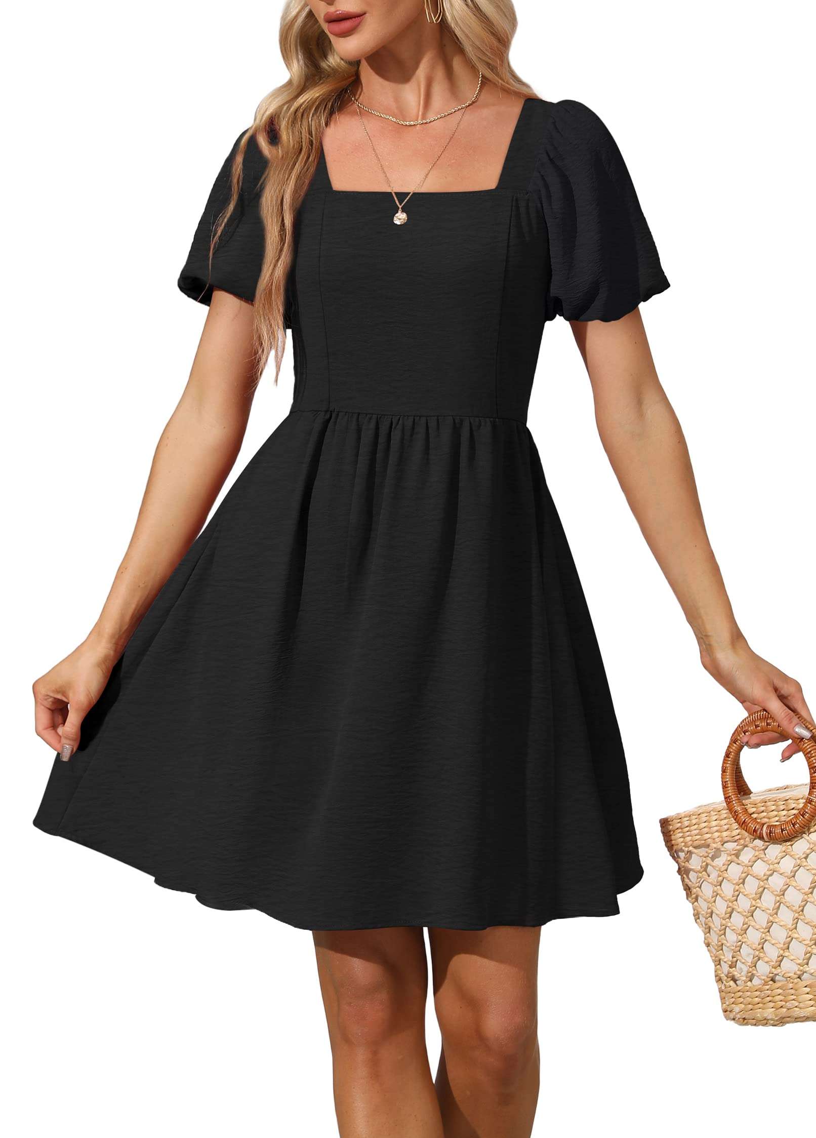 OFEEFAN Women Puff Sleeve Square Neck Tie in Back Dresses with Zipper - Image 1