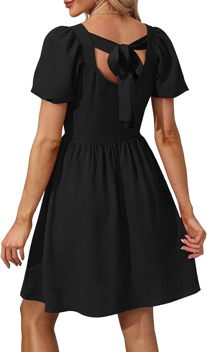 OFEEFAN Women Puff Sleeve Square Neck Tie in Back Dresses with Zipper - Image 5