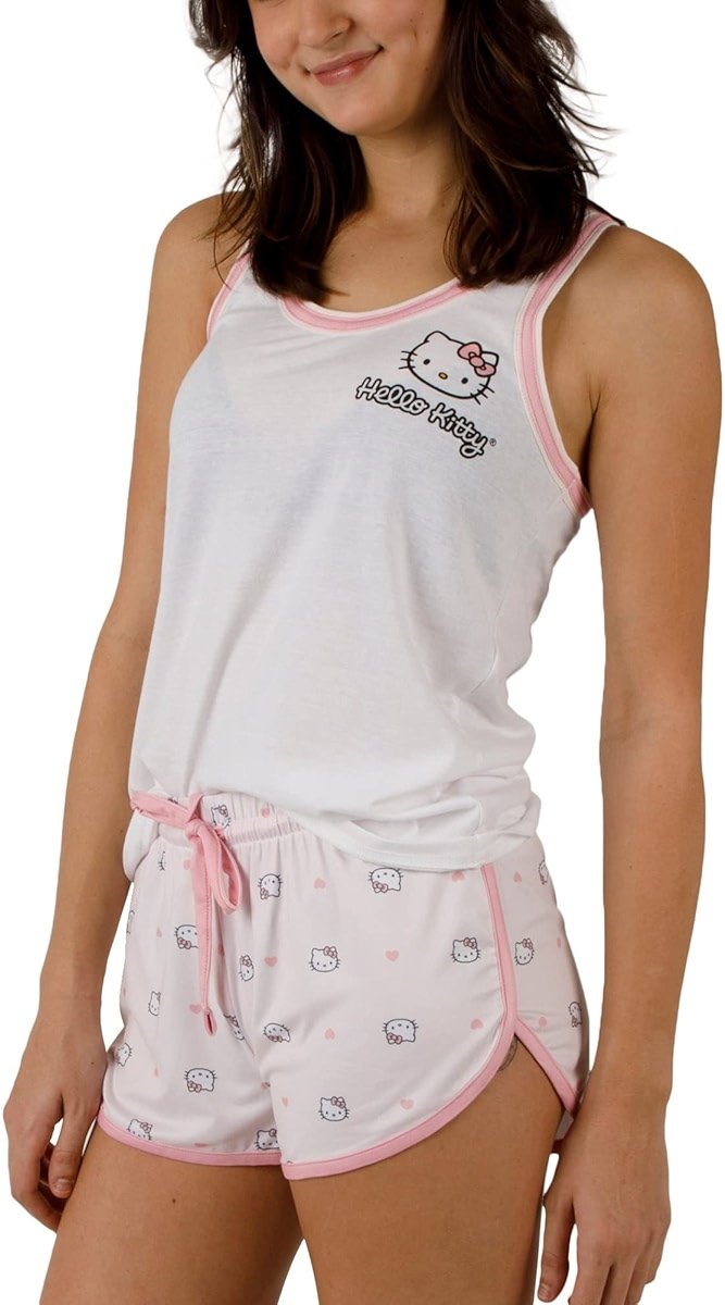 Bioworld Hello Kitty Character Hearts Women's Racer Back Tank Top & AOP Dolphin Lounge Shorts Sleepwear Set - Product Image