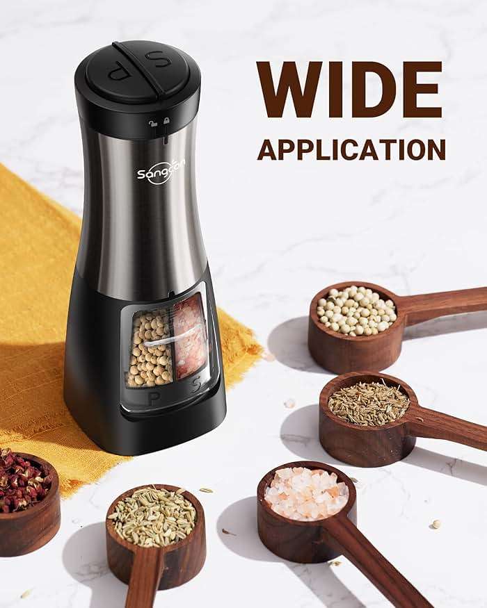 Sangcon 2-in-1 Electric Salt and Pepper Grinder, One Grinder for Two Seasonings, Automatic One-Handed Operation with Light, Adjustable Ceramic Mill, Refillable & Battery Powered - Image 2