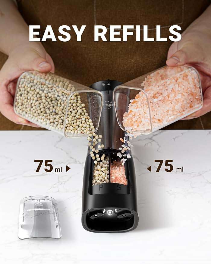 Sangcon 2-in-1 Electric Salt and Pepper Grinder, One Grinder for Two Seasonings, Automatic One-Handed Operation with Light, Adjustable Ceramic Mill, Refillable & Battery Powered - Image 6