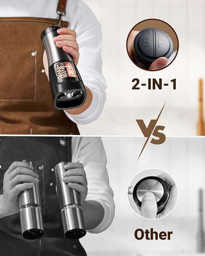Sangcon 2-in-1 Electric Salt and Pepper Grinder, One Grinder for Two Seasonings, Automatic One-Handed Operation with Light, Adjustable Ceramic Mill, Refillable & Battery Powered - Image 7