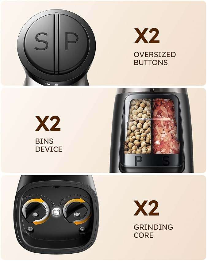 Sangcon 2-in-1 Electric Salt and Pepper Grinder, One Grinder for Two Seasonings, Automatic One-Handed Operation with Light, Adjustable Ceramic Mill, Refillable & Battery Powered - Image 8