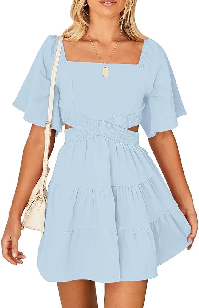 Wimsihal Women's Summer Dresses Square Neck Casual Short Sleeves Elastic Waist Party Mini Dress - Product Image