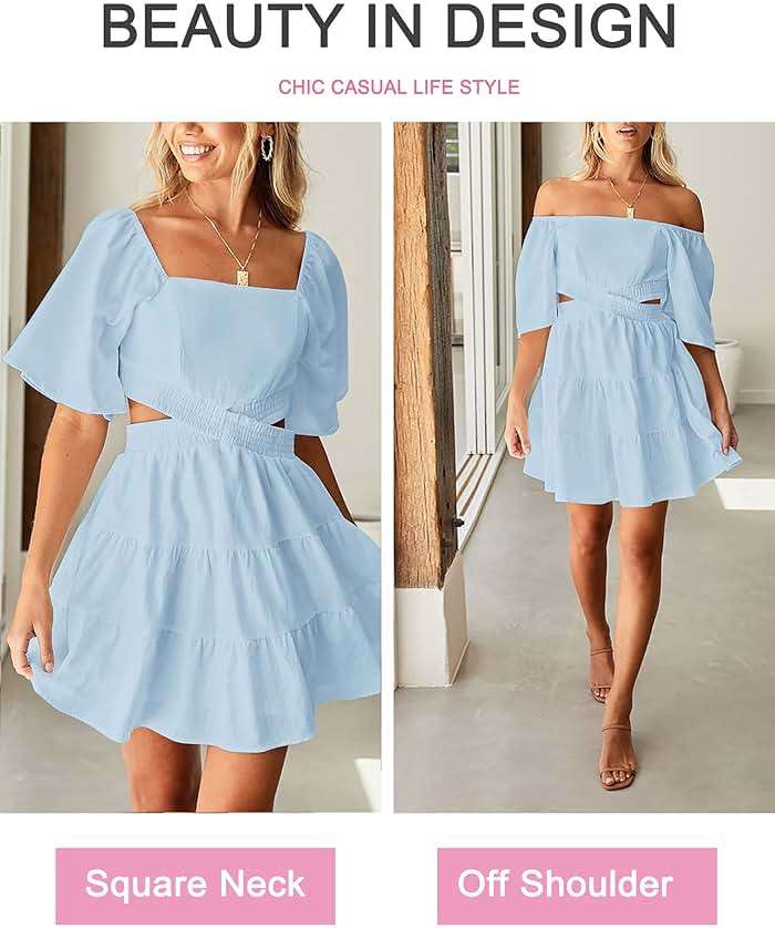 Wimsihal Women's Summer Dresses Square Neck Casual Short Sleeves Elastic Waist Party Mini Dress - Image 4