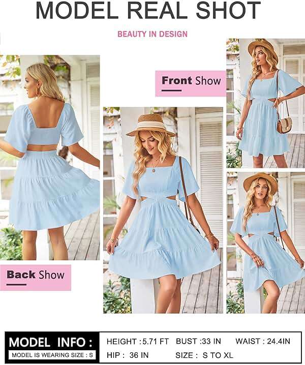 Wimsihal Women's Summer Dresses Square Neck Casual Short Sleeves Elastic Waist Party Mini Dress - Image 5