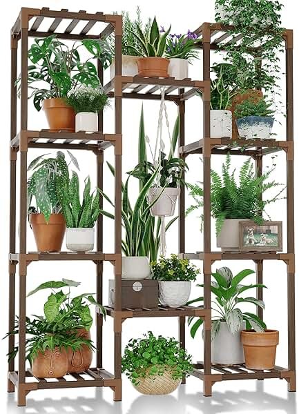 Bamworld Plant Stand Indoor Outdoor Tall Plant Shelf for Multiple Plants Pots Wood Flower Stand Large Flower Holder for Living Room, Patio, Balcony, Garden Decor, Brown - Product Image