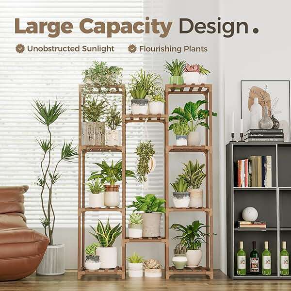Bamworld Plant Stand Indoor Outdoor Tall Plant Shelf for Multiple Plants Pots Wood Flower Stand Large Flower Holder for Living Room, Patio, Balcony, Garden Decor, Brown - Image 3