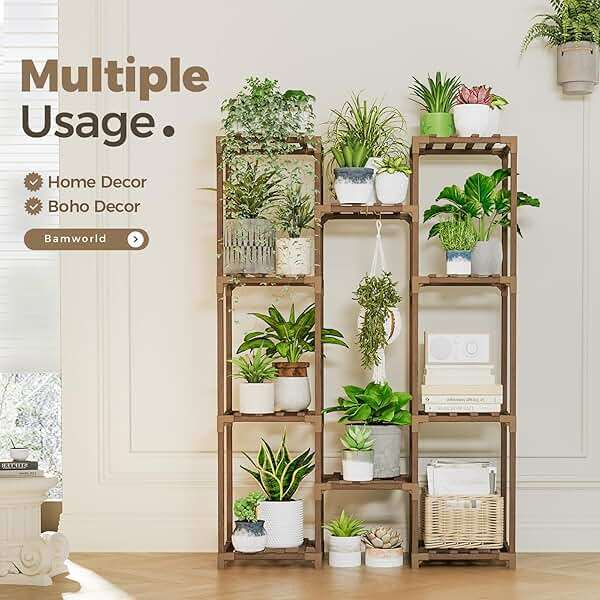 Bamworld Plant Stand Indoor Outdoor Tall Plant Shelf for Multiple Plants Pots Wood Flower Stand Large Flower Holder for Living Room, Patio, Balcony, Garden Decor, Brown - Image 5