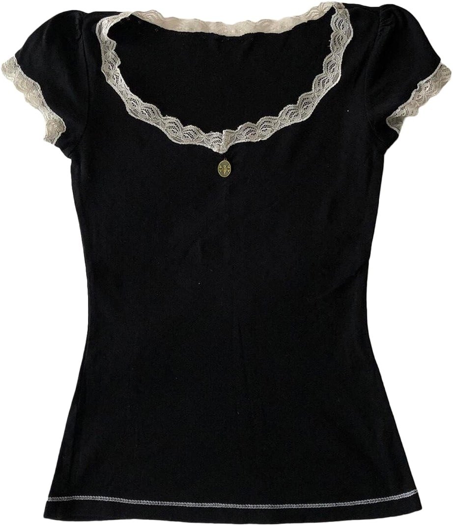 Womens E-Girls Short Sleeve T-Shirt Y2k Lace Trim Crop Tops Crewneck Fairy Grunge Tee Tops Aesthetic Summer Clothes - Product Image