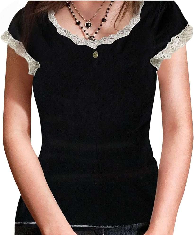 Womens E-Girls Short Sleeve T-Shirt Y2k Lace Trim Crop Tops Crewneck Fairy Grunge Tee Tops Aesthetic Summer Clothes - Image 2