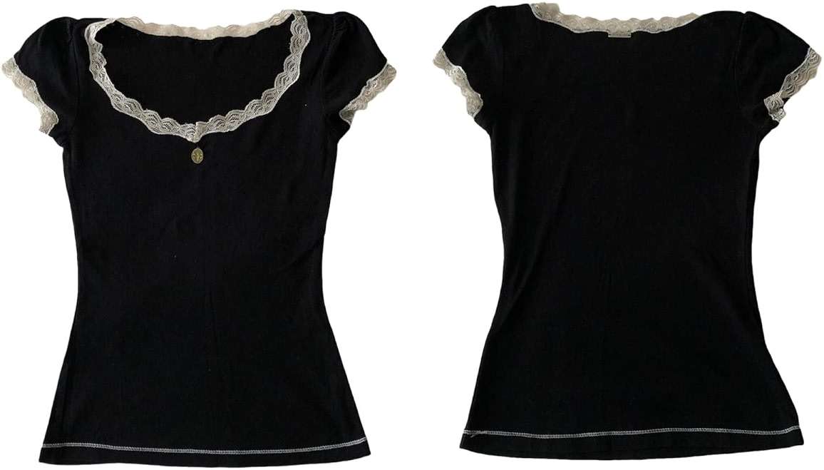 Womens E-Girls Short Sleeve T-Shirt Y2k Lace Trim Crop Tops Crewneck Fairy Grunge Tee Tops Aesthetic Summer Clothes - Image 4