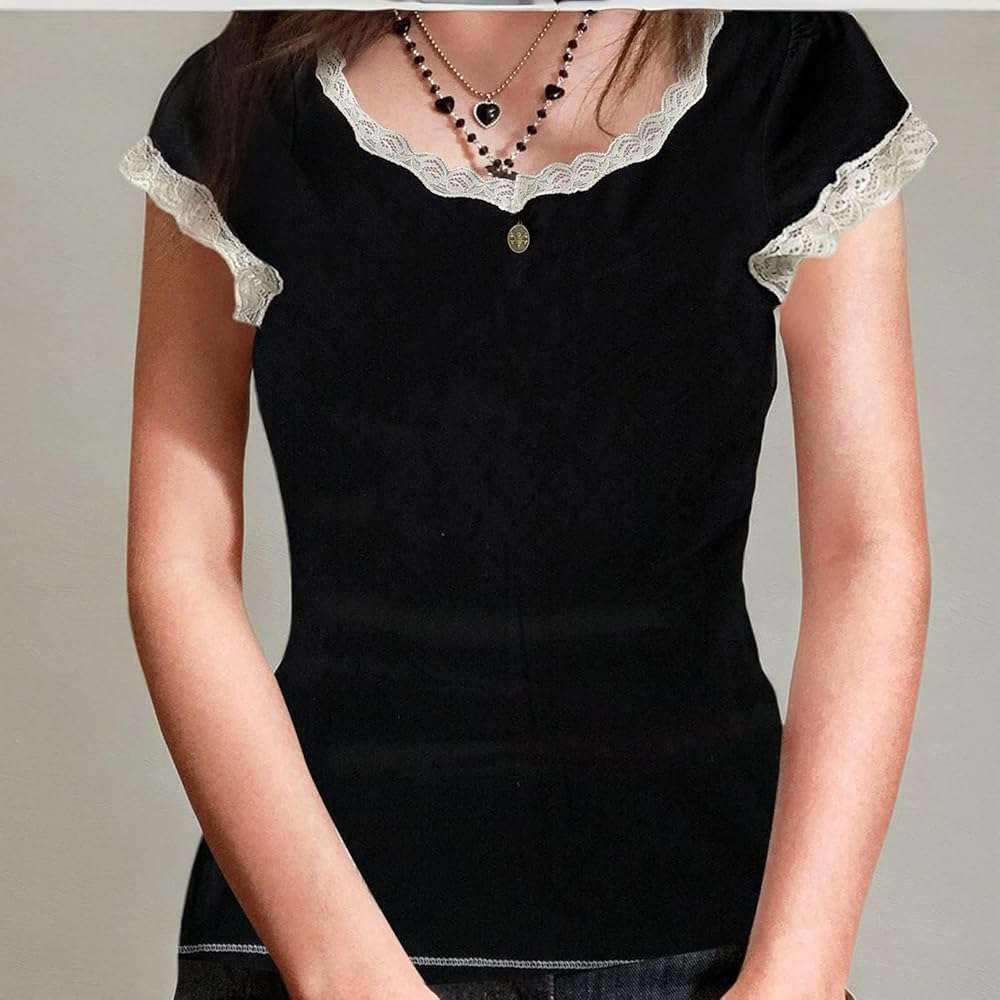 Womens E-Girls Short Sleeve T-Shirt Y2k Lace Trim Crop Tops Crewneck Fairy Grunge Tee Tops Aesthetic Summer Clothes - Image 5