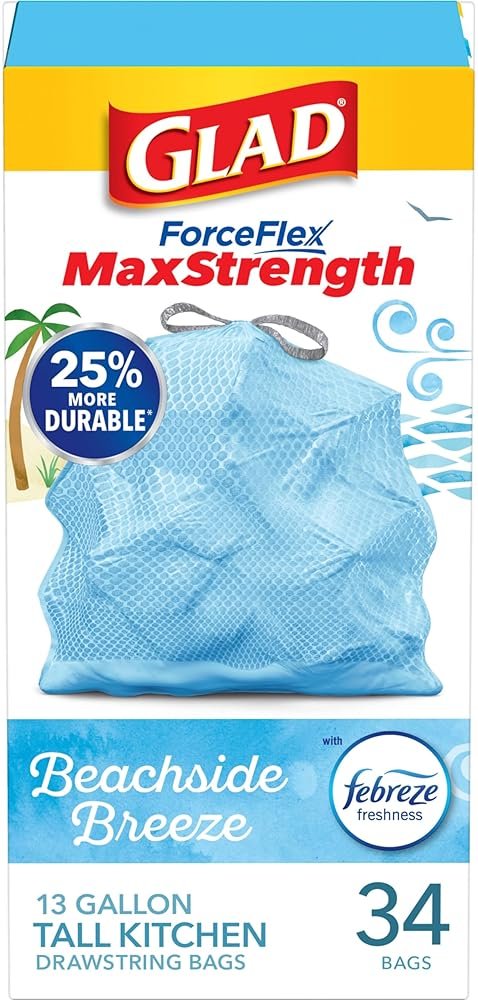 Glad Tall Kitchen Trash Bags 13 Gallon, MaxStrength Beachside Breeze Garbage Bags, Odorshield with Drawstring, 34 Count - Product Image