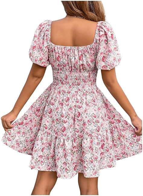 Floerns Women's Boho Square Neck Puff Short Sleeve Self Tie Front A Line Dress - Image 2
