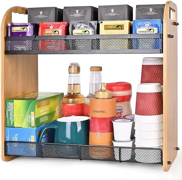 ITHSKUILL Tea Bag Organizer, Large Capacity Tea Organizer for Tea Bags, Bamboo Multi-functional Storage Coffee Bar Accessories for Home Office Kitchen Counter Cabinet Pantry Organizer - Product Image