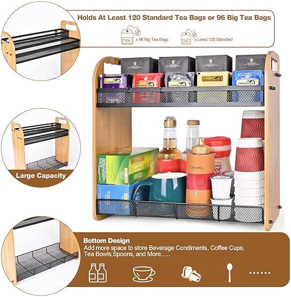 ITHSKUILL Tea Bag Organizer, Large Capacity Tea Organizer for Tea Bags, Bamboo Multi-functional Storage Coffee Bar Accessories for Home Office Kitchen Counter Cabinet Pantry Organizer - Image 5