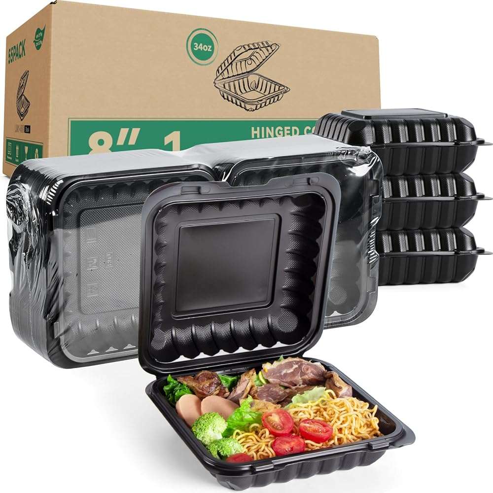 LEOBOX 8 Inch 34oz 55-Pack Black To Go Boxes - Shrink Wrapped No Pre-Wash | BPA Free Sturdy Reusable & Elegant | Microwave Safe for Hot Meals, Leftovers & Events | Disposable Takeout Food Containers - Image 1