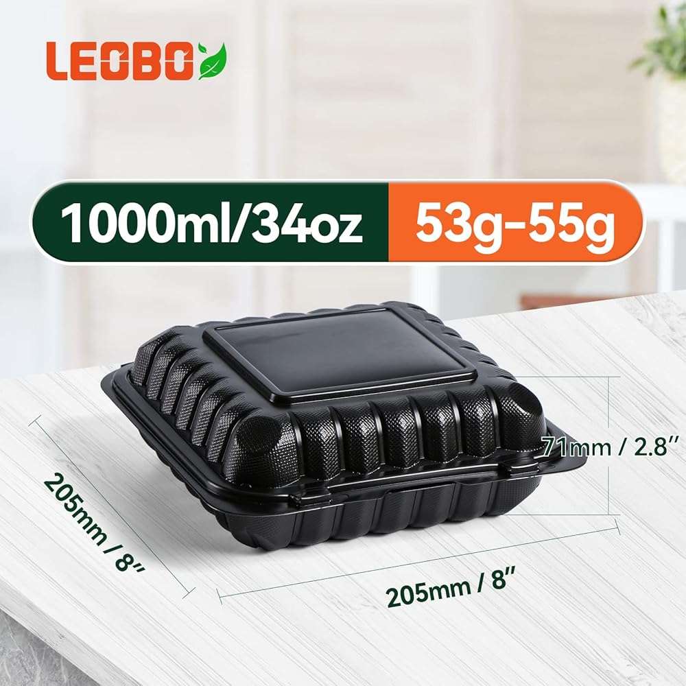 LEOBOX 8 Inch 34oz 55-Pack Black To Go Boxes - Shrink Wrapped No Pre-Wash | BPA Free Sturdy Reusable & Elegant | Microwave Safe for Hot Meals, Leftovers & Events | Disposable Takeout Food Containers - Image 2