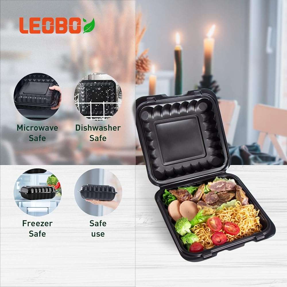 LEOBOX 8 Inch 34oz 55-Pack Black To Go Boxes - Shrink Wrapped No Pre-Wash | BPA Free Sturdy Reusable & Elegant | Microwave Safe for Hot Meals, Leftovers & Events | Disposable Takeout Food Containers - Image 4