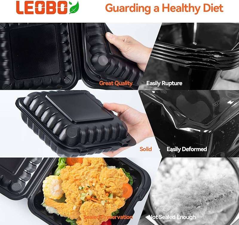 LEOBOX 8 Inch 34oz 55-Pack Black To Go Boxes - Shrink Wrapped No Pre-Wash | BPA Free Sturdy Reusable & Elegant | Microwave Safe for Hot Meals, Leftovers & Events | Disposable Takeout Food Containers - Image 5