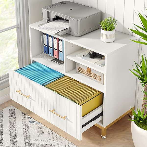 Tribesigns White File Cabinet with Drawer, Modern Fluted Lateral File Cabinets for Letter/Legal/A4 Size Files, 35.4" Small Wood Printer Cabinet with Storage for Home Office, White and Gold - Image 1
