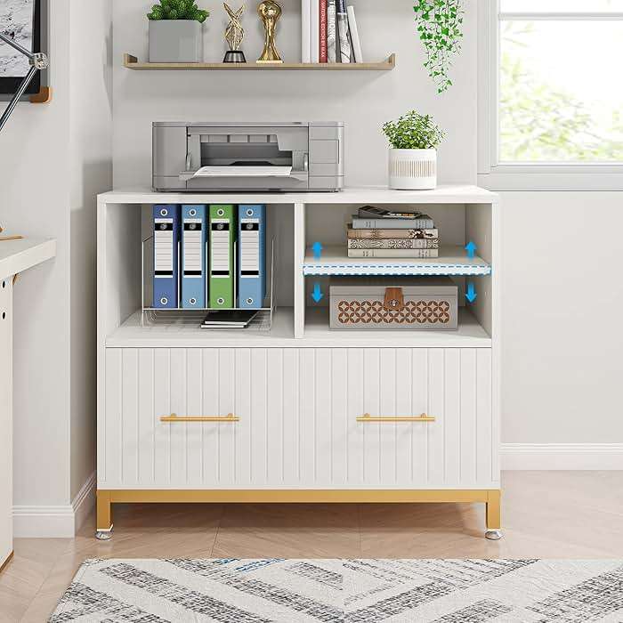 Tribesigns White File Cabinet with Drawer, Modern Fluted Lateral File Cabinets for Letter/Legal/A4 Size Files, 35.4" Small Wood Printer Cabinet with Storage for Home Office, White and Gold - Image 4