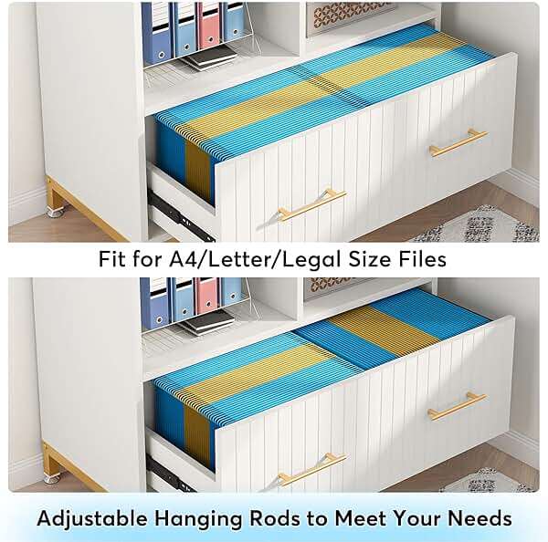 Tribesigns White File Cabinet with Drawer, Modern Fluted Lateral File Cabinets for Letter/Legal/A4 Size Files, 35.4" Small Wood Printer Cabinet with Storage for Home Office, White and Gold - Image 5
