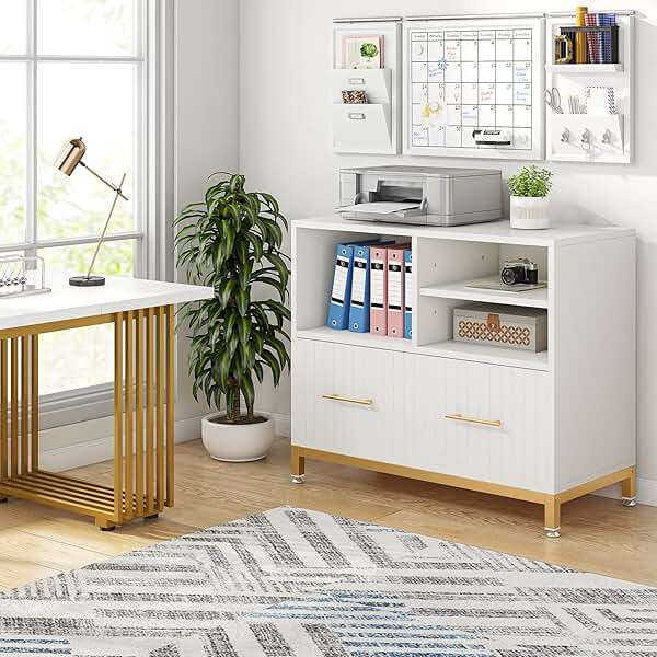 Tribesigns White File Cabinet with Drawer, Modern Fluted Lateral File Cabinets for Letter/Legal/A4 Size Files, 35.4" Small Wood Printer Cabinet with Storage for Home Office, White and Gold - Image 6