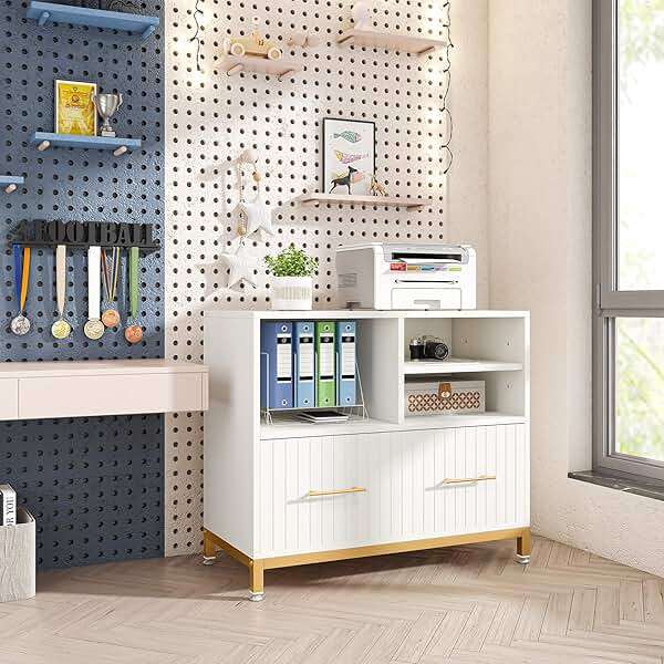 Tribesigns White File Cabinet with Drawer, Modern Fluted Lateral File Cabinets for Letter/Legal/A4 Size Files, 35.4" Small Wood Printer Cabinet with Storage for Home Office, White and Gold - Image 7