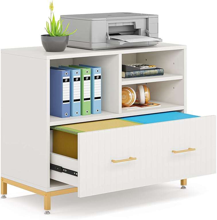 Tribesigns White File Cabinet with Drawer, Modern Fluted Lateral File Cabinets for Letter/Legal/A4 Size Files, 35.4" Small Wood Printer Cabinet with Storage for Home Office, White and Gold - Image 8