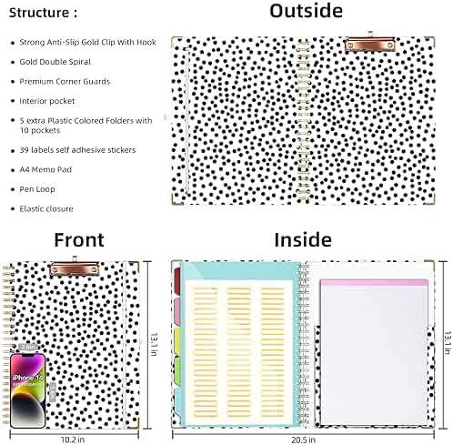Ospelelf Clipboard with Storage 8.5 X 11,Padfolio Organizer, Spiral Portfolio Letter Size with Notepad, Pen Holder, 5 Extra Folder Divider Pages, Elastic Closure Nurse Office Essentials (Polka Dots) - Image 3