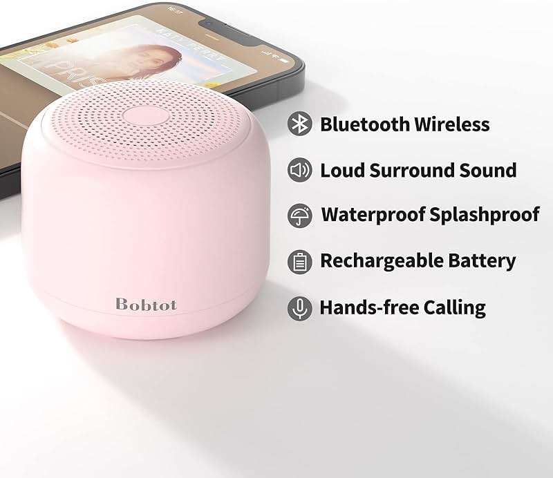 Bobtot Portable Bluetooth Speakers with Strap Easy to Carry, Wireless IPX5 Waterproof Mini Speaker with Loud Stereo Sound, 20 Hours Playtime, Rechargeable Battery, Built-in Microphone, Pink - Image 3